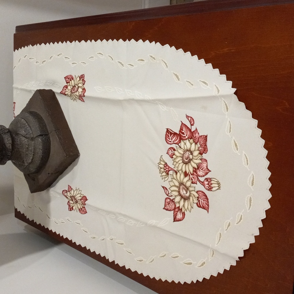 Vintage Floral Embroidered Table Cover, white and shimmering red